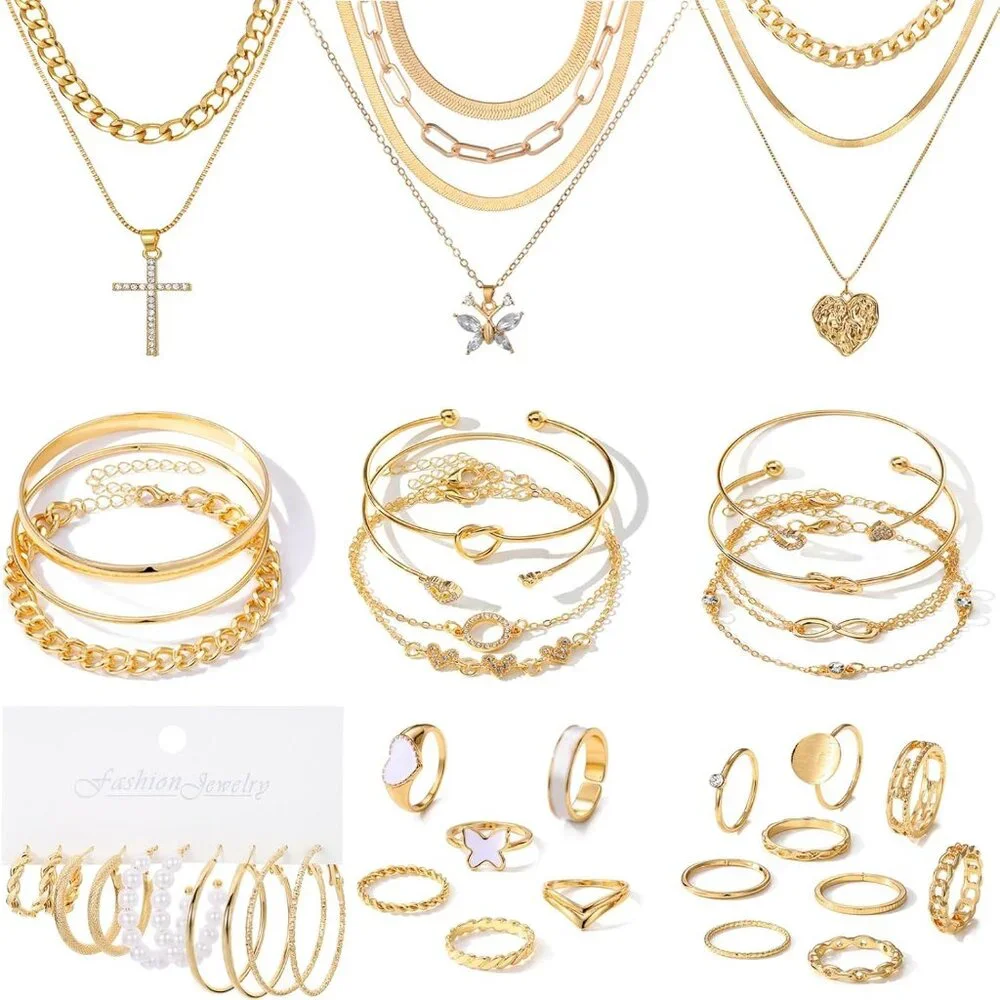 45 PCS Gold Jewelry Set for Women Dainty Dangle Earrings,Elegant Knuckle Rings,A - Picture 1 of 7